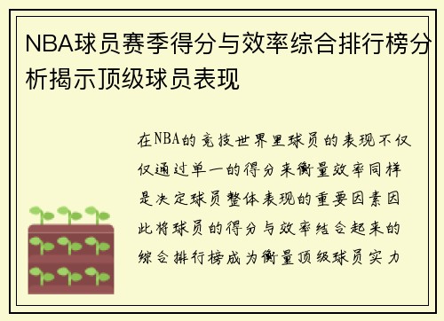 NBA球员赛季得分与效率综合排行榜分析揭示顶级球员表现