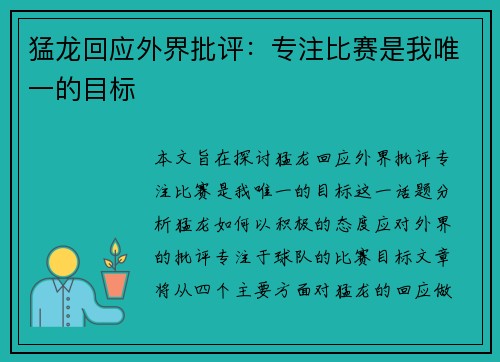 猛龙回应外界批评：专注比赛是我唯一的目标
