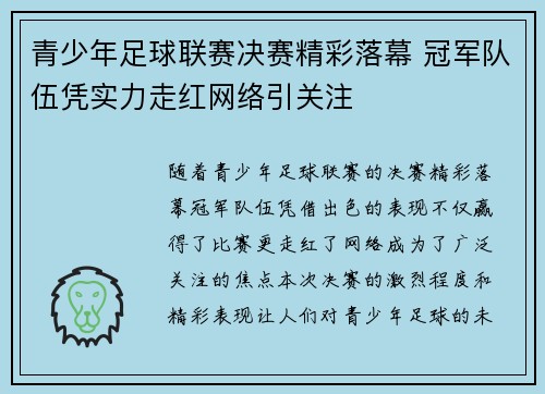 青少年足球联赛决赛精彩落幕 冠军队伍凭实力走红网络引关注