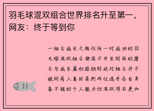 羽毛球混双组合世界排名升至第一，网友：终于等到你