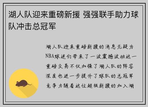 湖人队迎来重磅新援 强强联手助力球队冲击总冠军 湖人队迎来重磅新援 强强联手助力球队冲击总冠军
